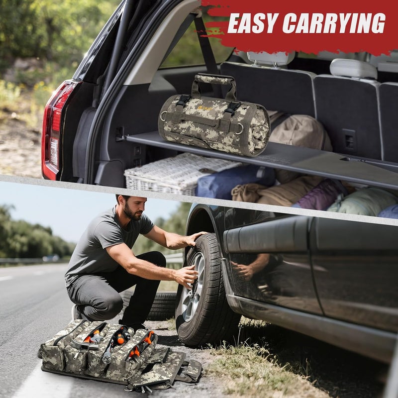 UUP Tool Bag Roll Up, Heavy Duty Rolled Empty Tool Storage Organizing, Portable Tool Roll Container with 2 Detachable Pockets, Folding Tool Holder, Father Day Dad Men Electrician Gift, Camouflage - Image 5